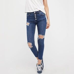 Free People Destroyed Reagan Button Fly Ankle Jeans, Size 31, Casual Stretchy